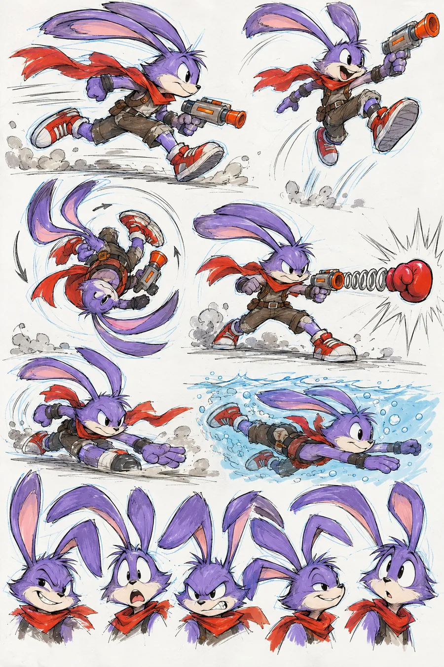 Rocket: poses. Run, jump, somersault, glove punch, swim and expressions.