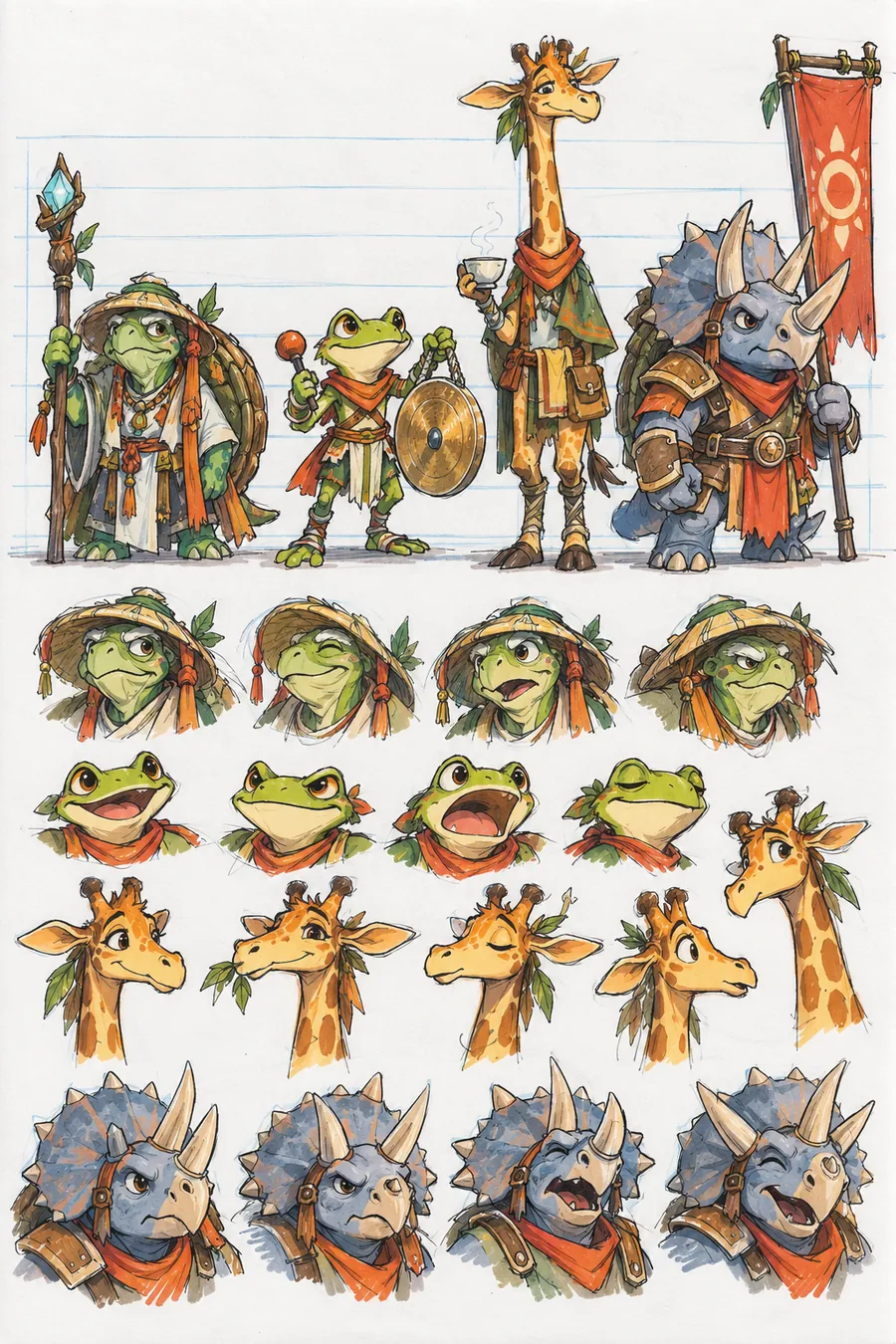 The Reptile Tribe. Turtle chief, frog with gong, giraffe watchman, triceratops guard.