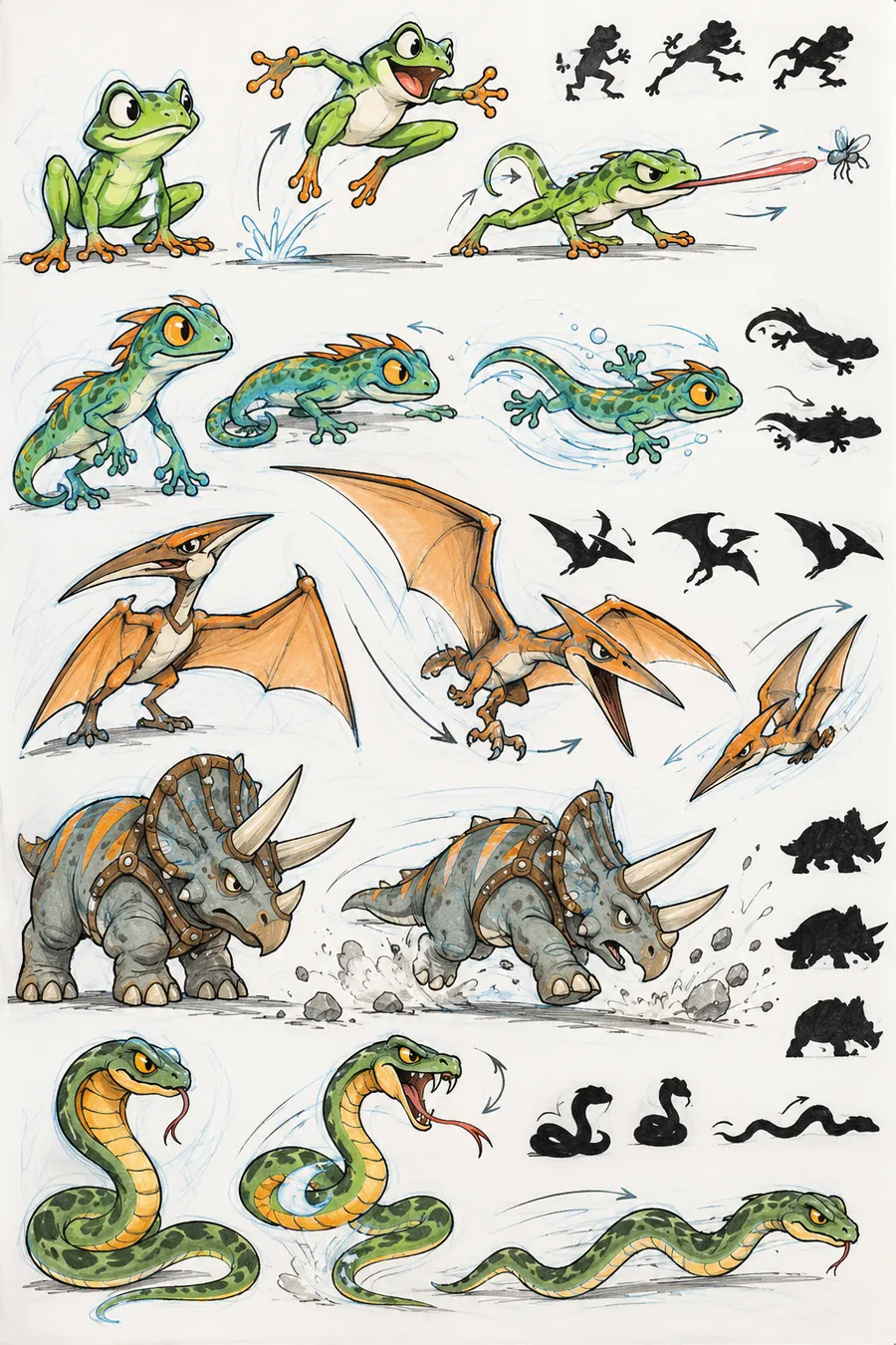 Creatures. Frog, gecko, pterodactyl, triceratops and snake, with silhouette tests.