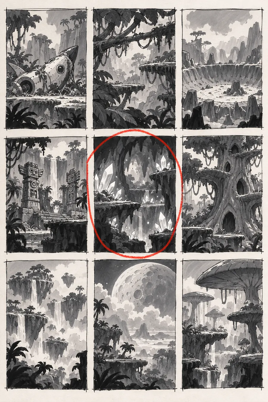 Lumen Grove thumbnails. Nine value studies: crash site, canopy, crater, temple, caves.