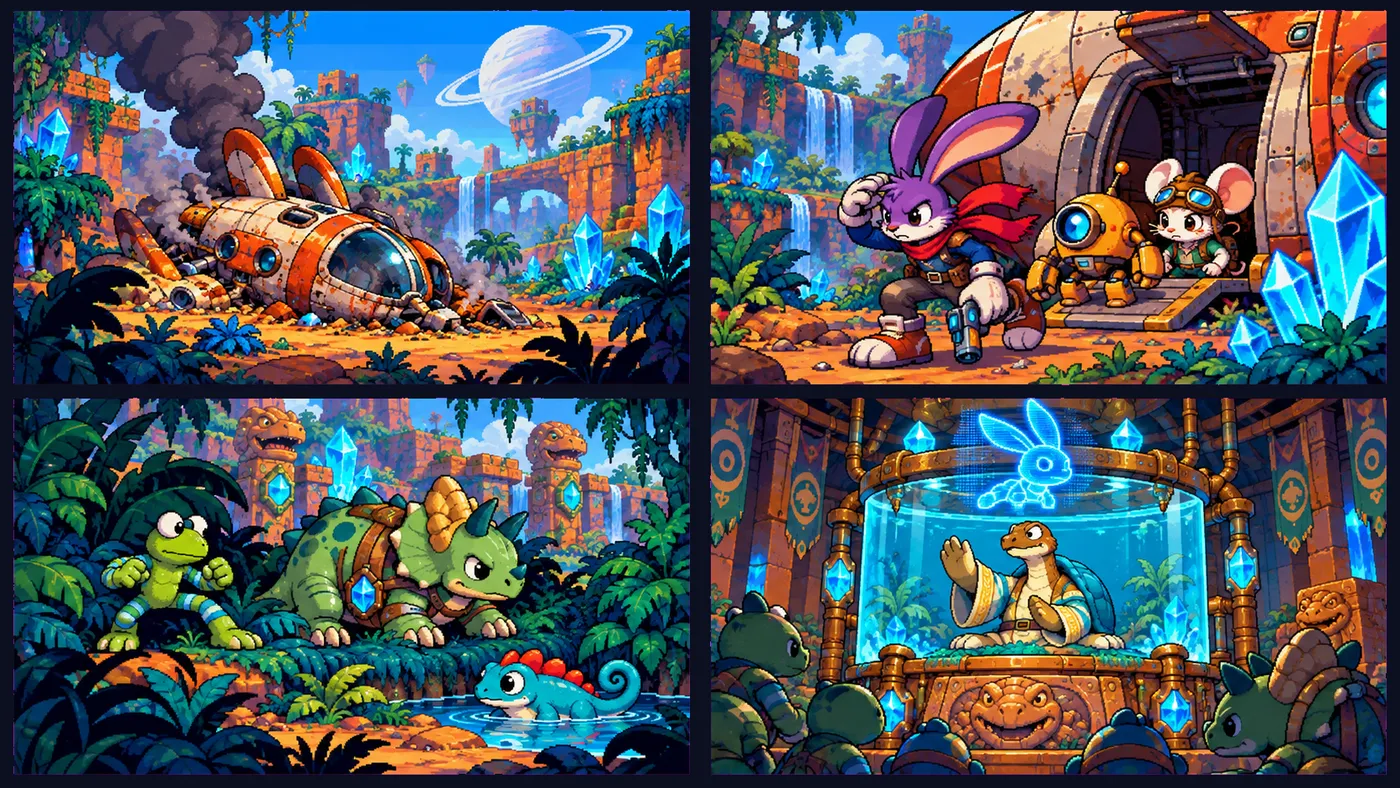 Four story panels: the crash, the heroes wake up, the tribe arrives, the Turtle Chief watches