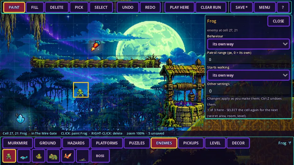 Level editor inspector setting a frog's patrol range next to the Mire Gate well